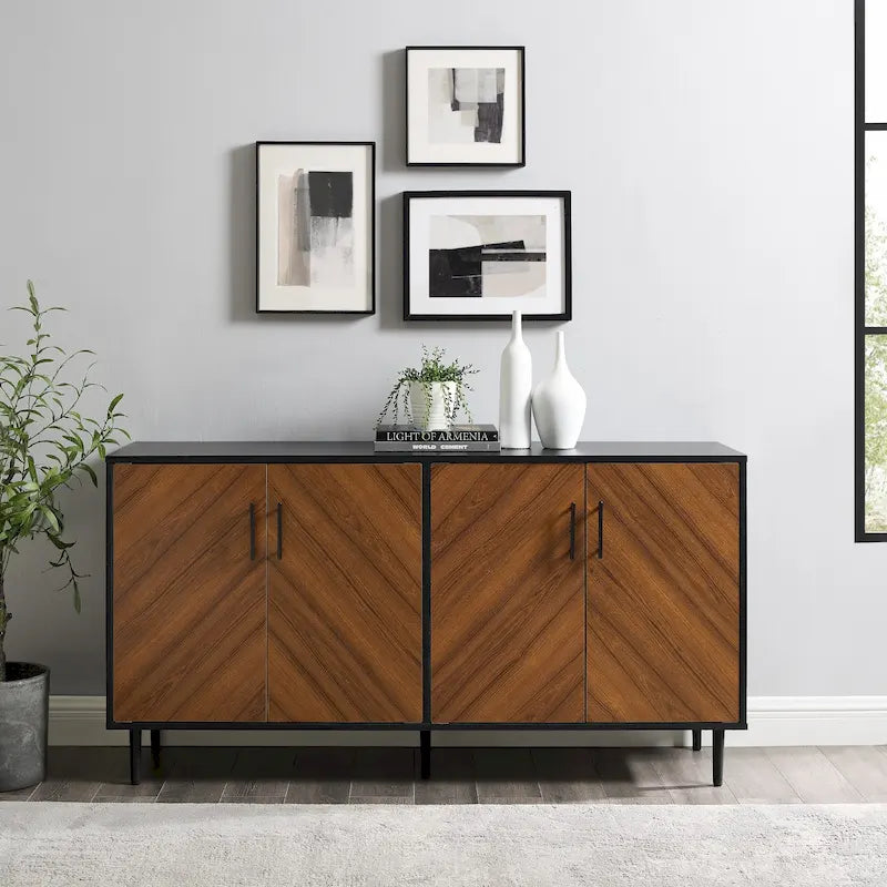 Buffet moderne du milieu du siècle à 4 portes de 58 po – Fini blanc/noir, chêne clair ou frêne