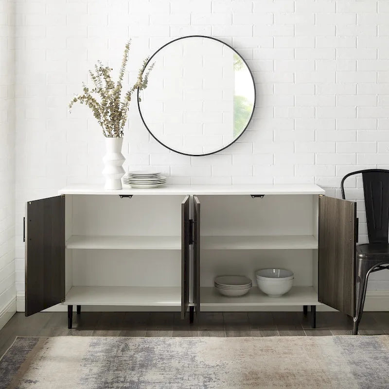 Buffet moderne du milieu du siècle à 4 portes de 58 po – Fini blanc/noir, chêne clair ou frêne