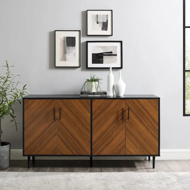 Buffet moderne du milieu du siècle à 4 portes de 58 po – Fini blanc/noir, chêne clair ou frêne