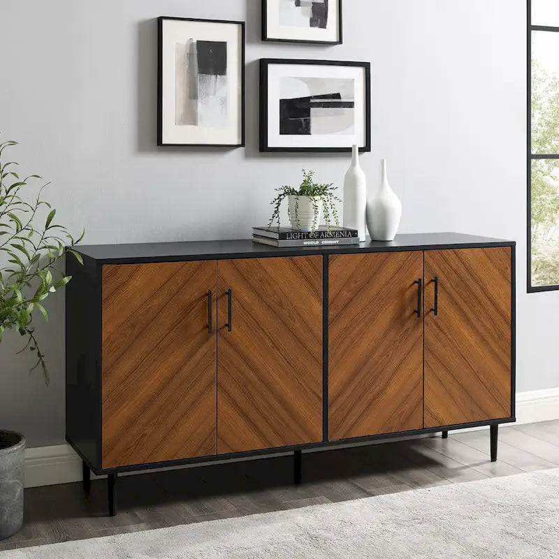 Buffet moderne du milieu du siècle à 4 portes de 58 po – Fini blanc/noir, chêne clair ou frêne