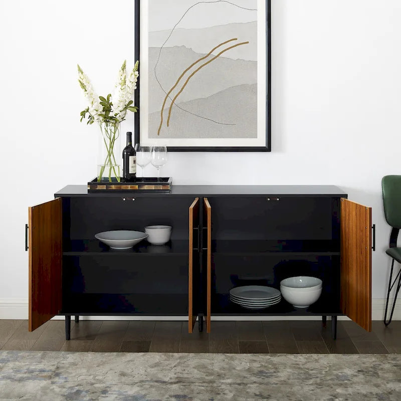 Buffet moderne du milieu du siècle à 4 portes de 58 po – Fini blanc/noir, chêne clair ou frêne