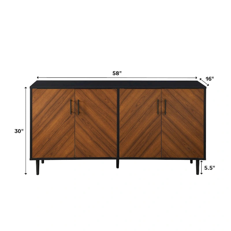 Buffet moderne du milieu du siècle à 4 portes de 58 po – Fini blanc/noir, chêne clair ou frêne