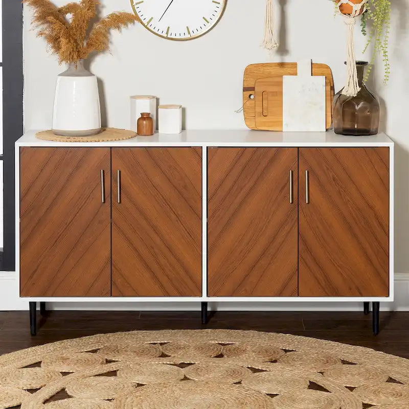 Buffet moderne du milieu du siècle à 4 portes de 58 po – Fini blanc/noir, chêne clair ou frêne