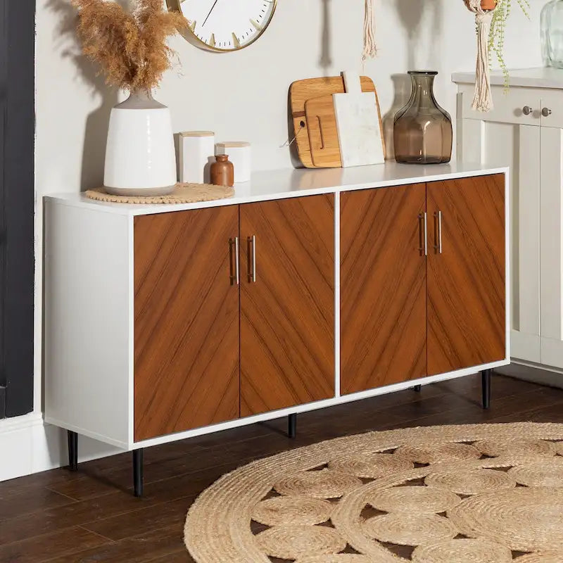 Buffet moderne du milieu du siècle à 4 portes de 58 po – Fini blanc/noir, chêne clair ou frêne