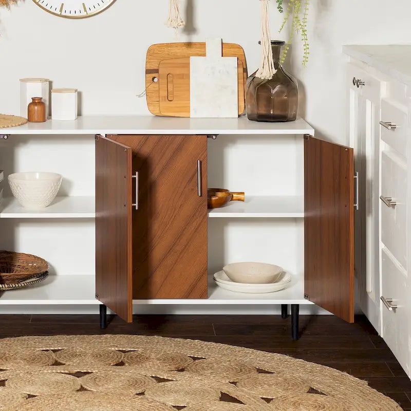 Buffet moderne du milieu du siècle à 4 portes de 58 po – Fini blanc/noir, chêne clair ou frêne