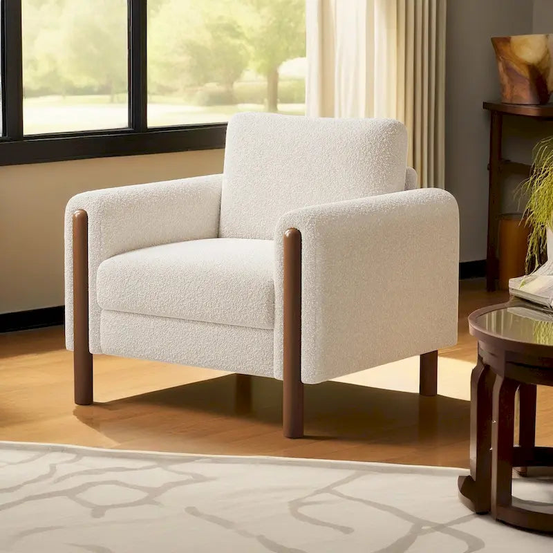 Fauteuil d'appoint individuel surdimensionné en velours Teddy gris/crème/vert avec pieds en noyer