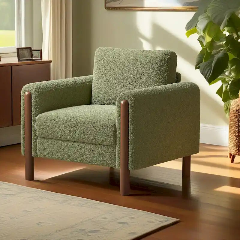 Fauteuil d'appoint individuel surdimensionné en velours Teddy gris/crème/vert avec pieds en noyer