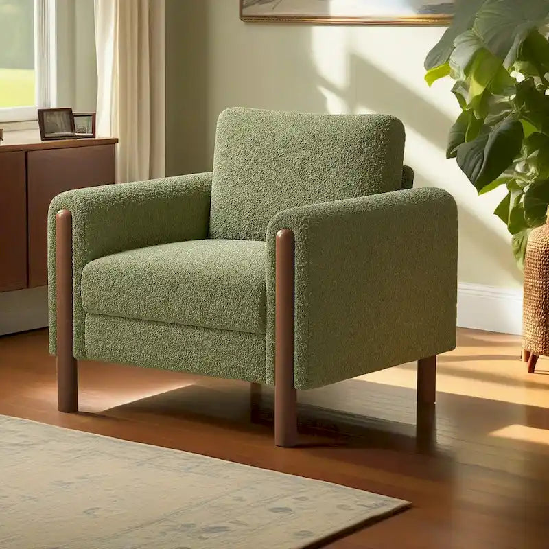 Fauteuil d'appoint individuel surdimensionné en velours Teddy gris/crème/vert avec pieds en noyer