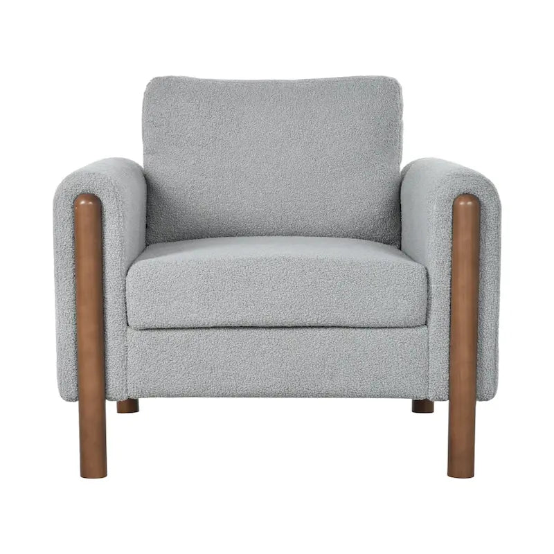 Fauteuil d'appoint individuel surdimensionné en velours Teddy gris/crème/vert avec pieds en noyer