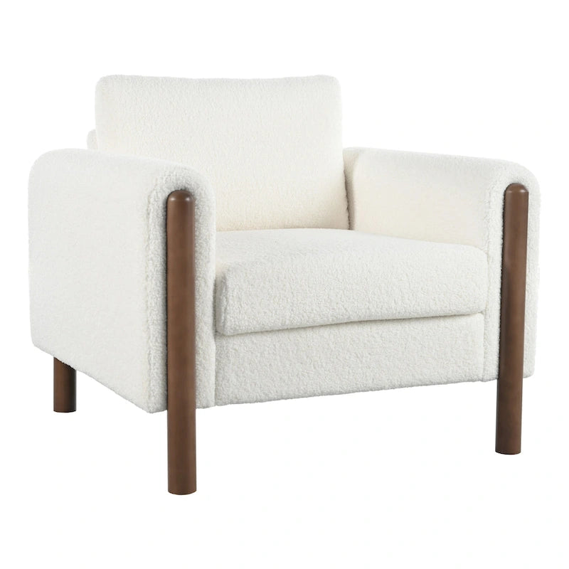 Fauteuil d'appoint individuel surdimensionné en velours Teddy gris/crème/vert avec pieds en noyer