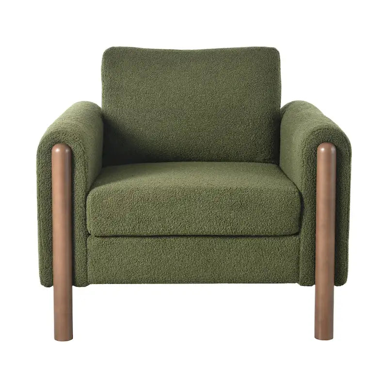 Fauteuil d'appoint individuel surdimensionné en velours Teddy gris/crème/vert avec pieds en noyer