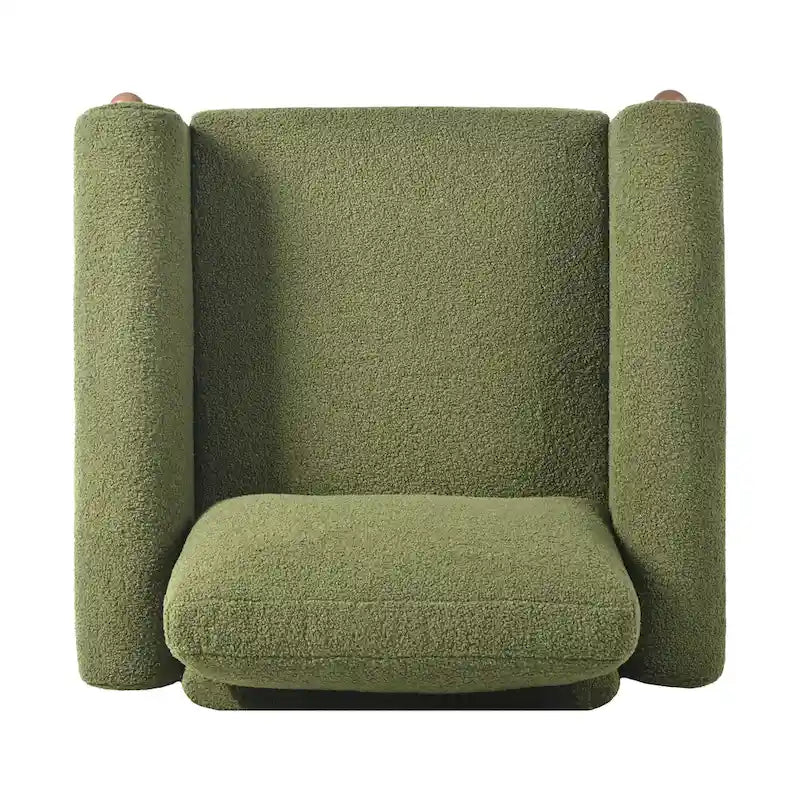 Fauteuil d'appoint individuel surdimensionné en velours Teddy gris/crème/vert avec pieds en noyer