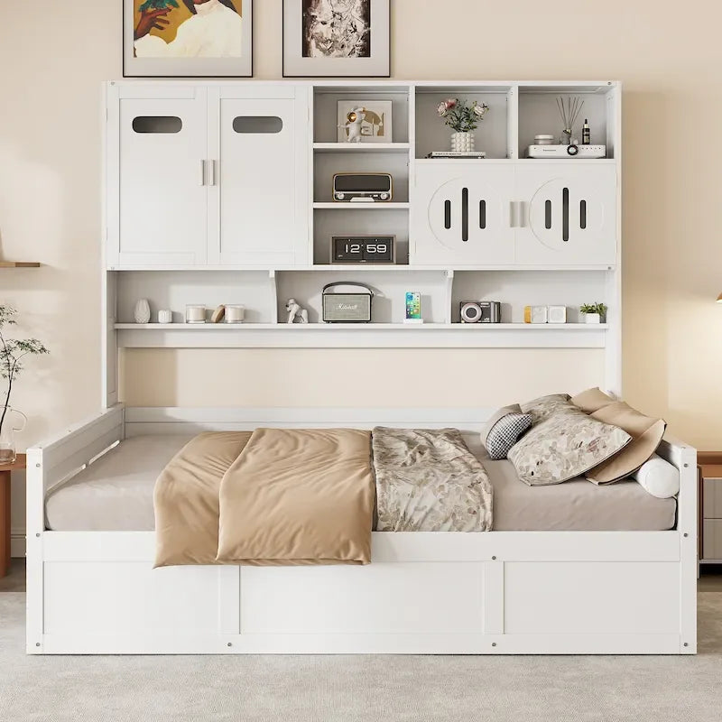 Blanc/Gris, Lit de repos 1 place (jumeau/double) avec bibliothèque, armoire et rangement hydraulique