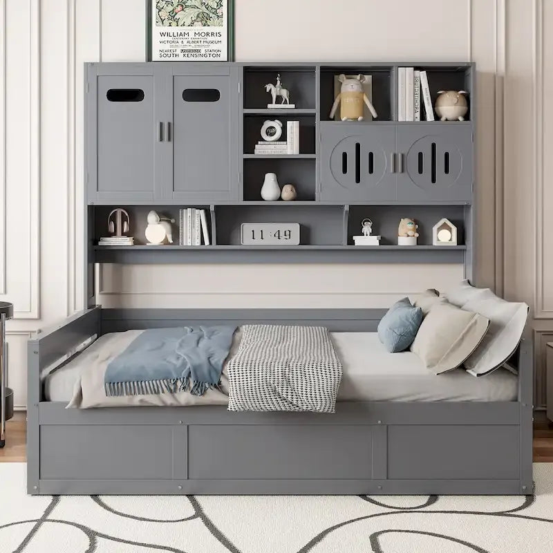 Blanc/Gris, Lit de repos 1 place (jumeau/double) avec bibliothèque, armoire et rangement hydraulique