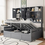 Blanc/Gris, Lit de repos 1 place (jumeau/double) avec bibliothèque, armoire et rangement hydraulique