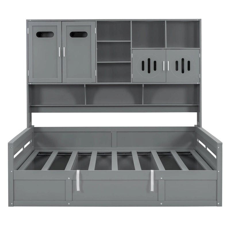 Blanc/Gris, Lit de repos 1 place (jumeau/double) avec bibliothèque, armoire et rangement hydraulique