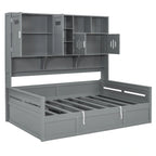 Blanc/Gris, Lit de repos 1 place (jumeau/double) avec bibliothèque, armoire et rangement hydraulique
