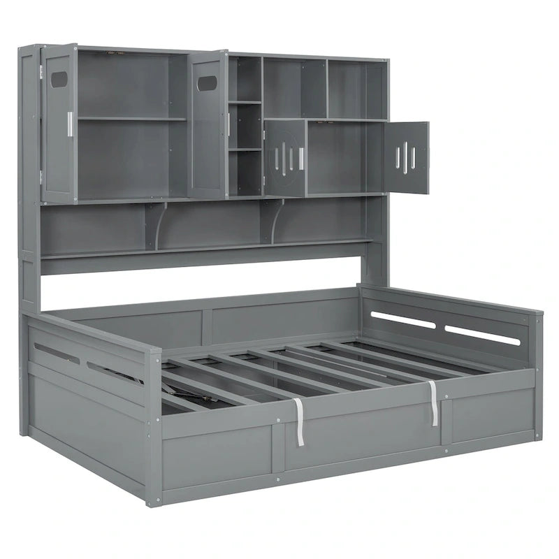 Blanc/Gris, Lit de repos 1 place (jumeau/double) avec bibliothèque, armoire et rangement hydraulique