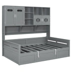Blanc/Gris, Lit de repos 1 place (jumeau/double) avec bibliothèque, armoire et rangement hydraulique