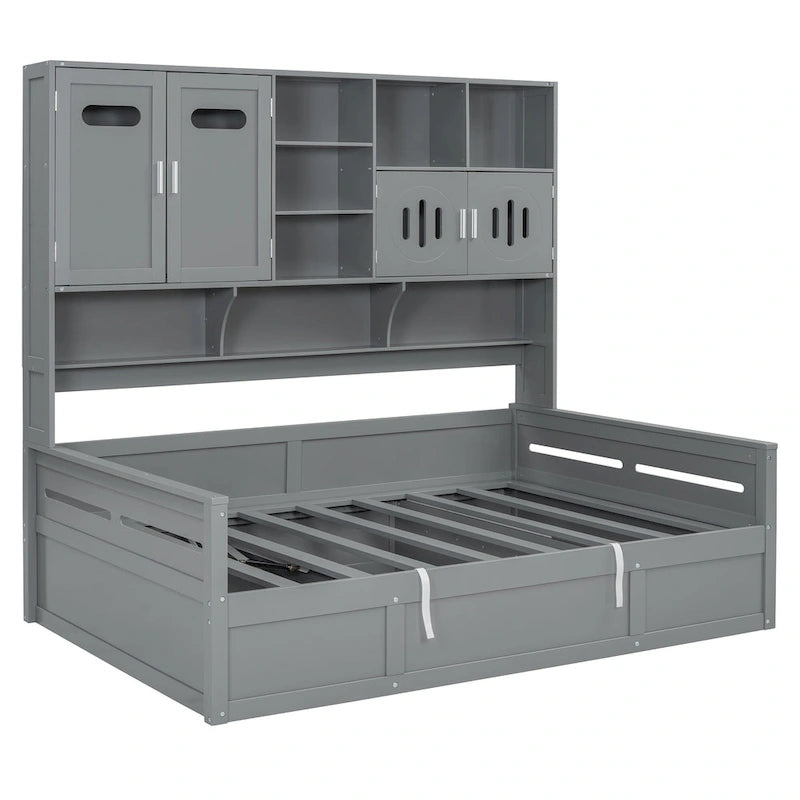 Blanc/Gris, Lit de repos 1 place (jumeau/double) avec bibliothèque, armoire et rangement hydraulique