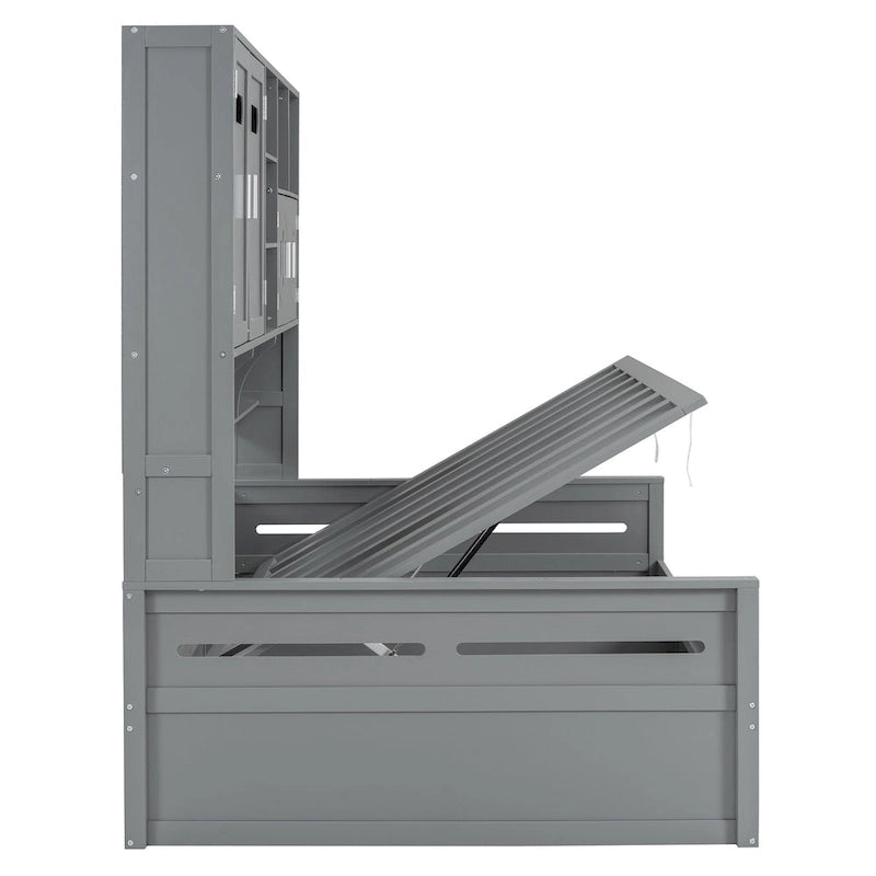 Blanc/Gris, Lit de repos 1 place (jumeau/double) avec bibliothèque, armoire et rangement hydraulique