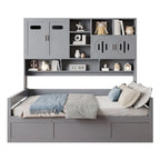 Blanc/Gris, Lit de repos 1 place (jumeau/double) avec bibliothèque, armoire et rangement hydraulique