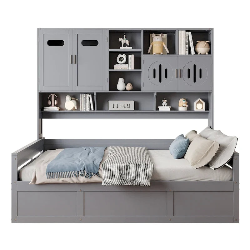 Blanc/Gris, Lit de repos 1 place (jumeau/double) avec bibliothèque, armoire et rangement hydraulique