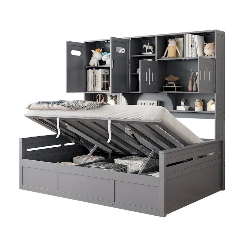 Blanc/Gris, Lit de repos 1 place (jumeau/double) avec bibliothèque, armoire et rangement hydraulique