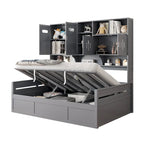Blanc/Gris, Lit de repos 1 place (jumeau/double) avec bibliothèque, armoire et rangement hydraulique