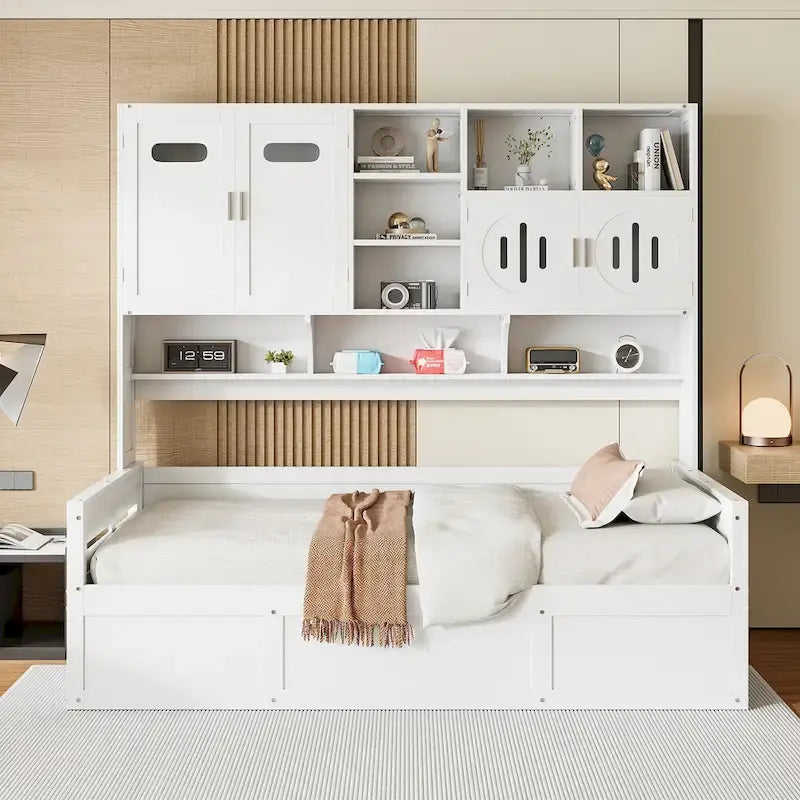 Blanc/Gris, Lit de repos 1 place (jumeau/double) avec bibliothèque, armoire et rangement hydraulique
