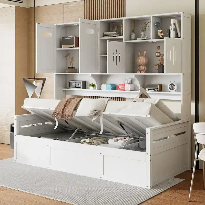 Blanc/Gris, Lit de repos 1 place (jumeau/double) avec bibliothèque, armoire et rangement hydraulique