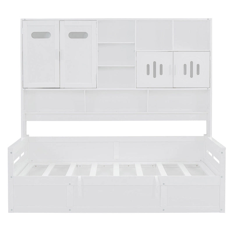 Blanc/Gris, Lit de repos 1 place (jumeau/double) avec bibliothèque, armoire et rangement hydraulique