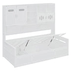 Blanc/Gris, Lit de repos 1 place (jumeau/double) avec bibliothèque, armoire et rangement hydraulique