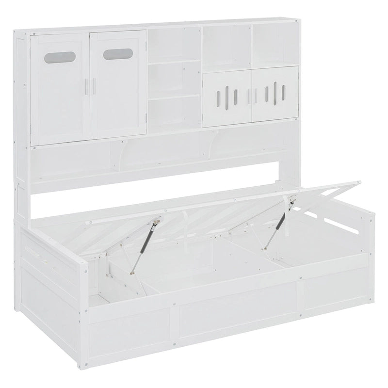 Blanc/Gris, Lit de repos 1 place (jumeau/double) avec bibliothèque, armoire et rangement hydraulique