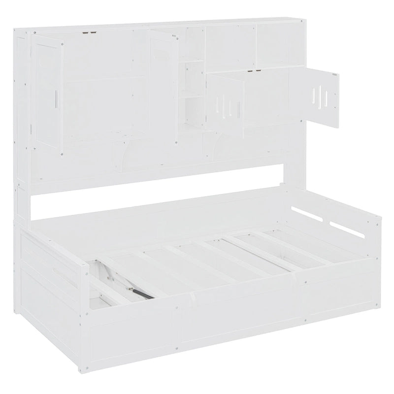 Blanc/Gris, Lit de repos 1 place (jumeau/double) avec bibliothèque, armoire et rangement hydraulique