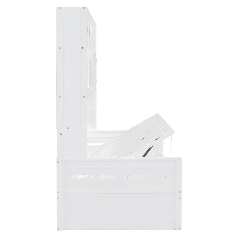 Blanc/Gris, Lit de repos 1 place (jumeau/double) avec bibliothèque, armoire et rangement hydraulique