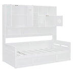 Blanc/Gris, Lit de repos 1 place (jumeau/double) avec bibliothèque, armoire et rangement hydraulique