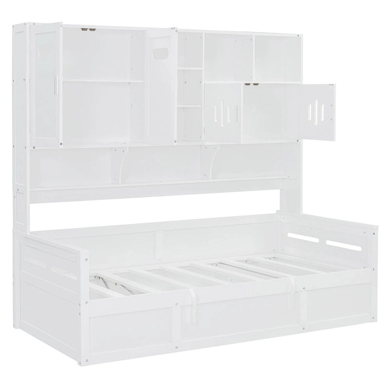Blanc/Gris, Lit de repos 1 place (jumeau/double) avec bibliothèque, armoire et rangement hydraulique