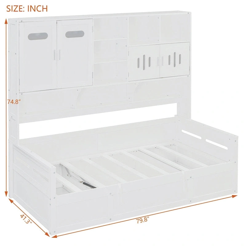 Blanc/Gris, Lit de repos 1 place (jumeau/double) avec bibliothèque, armoire et rangement hydraulique