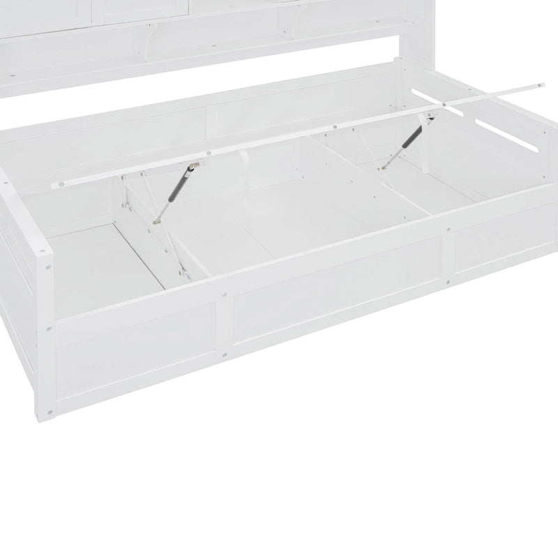 Blanc/Gris, Lit de repos 1 place (jumeau/double) avec bibliothèque, armoire et rangement hydraulique