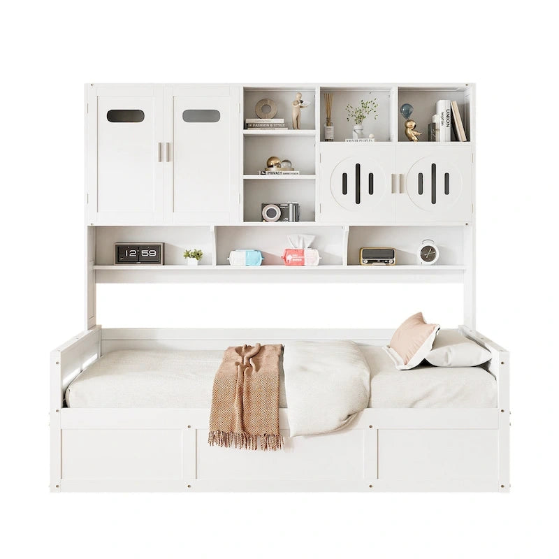Blanc/Gris, Lit de repos 1 place (jumeau/double) avec bibliothèque, armoire et rangement hydraulique