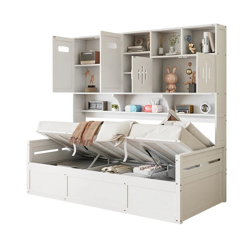 Blanc/Gris, Lit de repos 1 place (jumeau/double) avec bibliothèque, armoire et rangement hydraulique