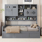 Blanc/Gris, Lit de repos 1 place (jumeau/double) avec bibliothèque, armoire et rangement hydraulique