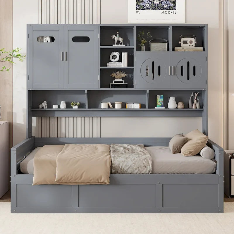 Blanc/Gris, Lit de repos 1 place (jumeau/double) avec bibliothèque, armoire et rangement hydraulique