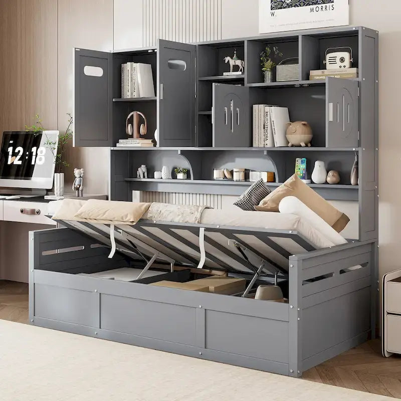 Blanc/Gris, Lit de repos 1 place (jumeau/double) avec bibliothèque, armoire et rangement hydraulique