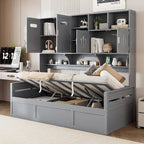 Blanc/Gris, Lit de repos 1 place (jumeau/double) avec bibliothèque, armoire et rangement hydraulique