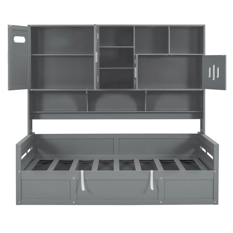 Blanc/Gris, Lit de repos 1 place (jumeau/double) avec bibliothèque, armoire et rangement hydraulique