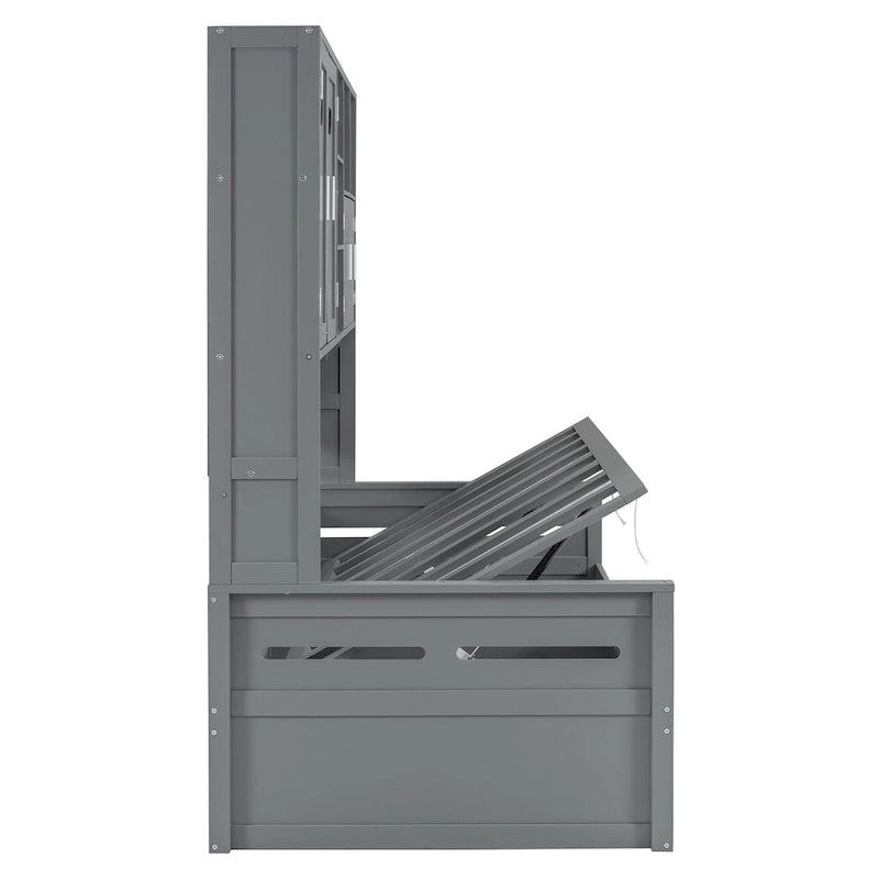 Blanc/Gris, Lit de repos 1 place (jumeau/double) avec bibliothèque, armoire et rangement hydraulique