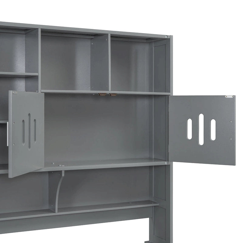 Blanc/Gris, Lit de repos 1 place (jumeau/double) avec bibliothèque, armoire et rangement hydraulique