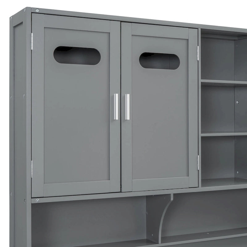 Blanc/Gris, Lit de repos 1 place (jumeau/double) avec bibliothèque, armoire et rangement hydraulique